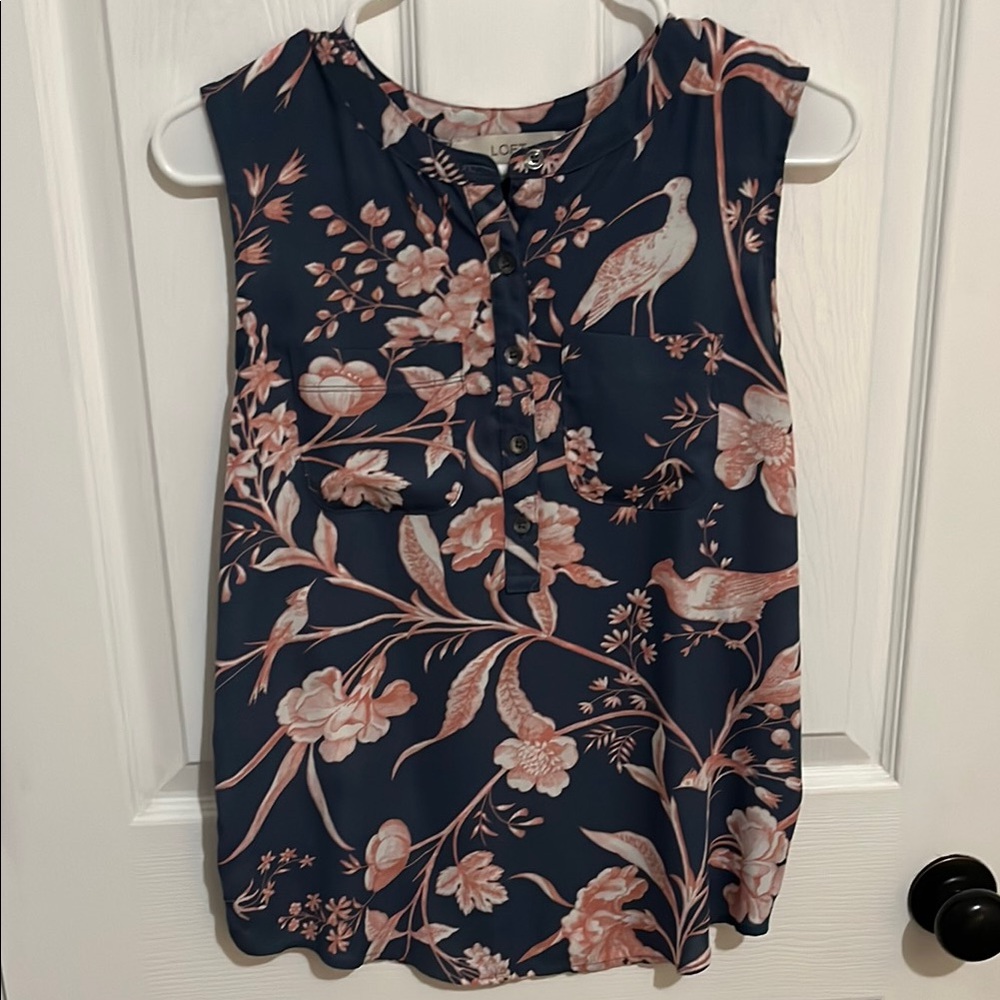 LOFT Women's mixed media Navy and Pink Floral Top